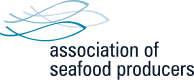 Logo of the Association of Seafood Producers. It features stylized drawings of three fish, one in light blue, one in medium blue, and one in dark blue, connected and overlapping at the tails. The text "association of seafood producers" is written below the fish.