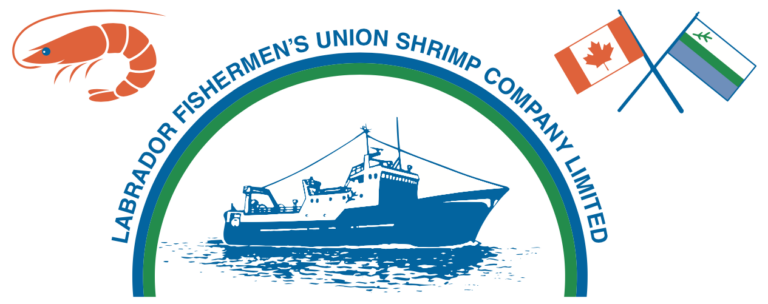 Logo for the Labrador Fishermen’s Union Shrimp Company Limited, featuring a blue fishing boat, a red shrimp, and crossed Canadian and Labrador flags within a blue and green arc.
