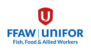 Logo of FFAW-Unifor featuring a red shield with a white "U" above blue text "FFAW | Unifor" and "Fish, Food & Allied Workers" below, symbolizing their commitment to contact Newfoundland and Labrador Seafood industries.