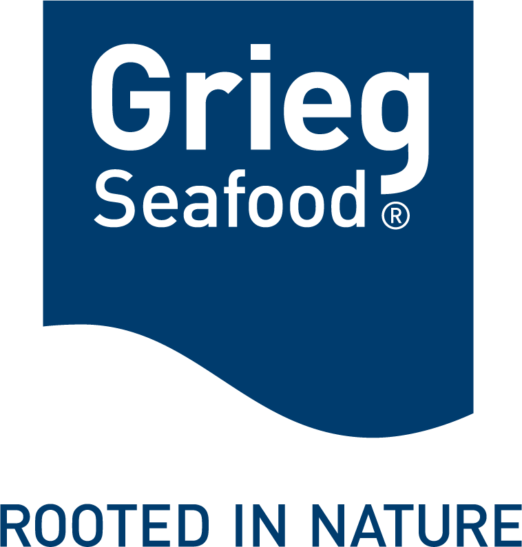 Grieg Seafood logo with white text on a blue wave background, reading "Grieg Seafood®." Below, in blue letters, it says "ROOTED IN NATURE.